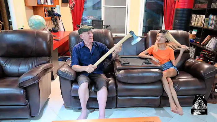 Mark Morrow Masterpieces picture of Jack Corbett showing off Viking axe 